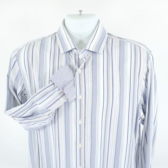 Joseph Abboud Large‎ Blue White Tan Striped Flip Cuff Dress Shirt Getzner - Picture 1 of 11